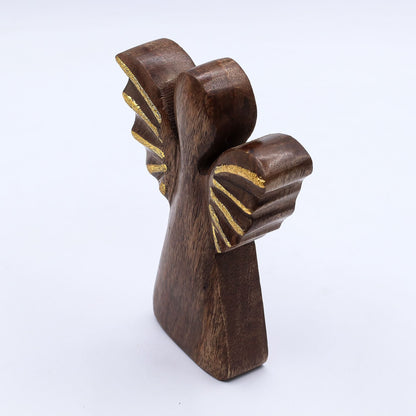 Alt Tag: Mango Wood Angel – Gold Wings 16CM hand-carved mango wood angel figurine with gold wings, side view
