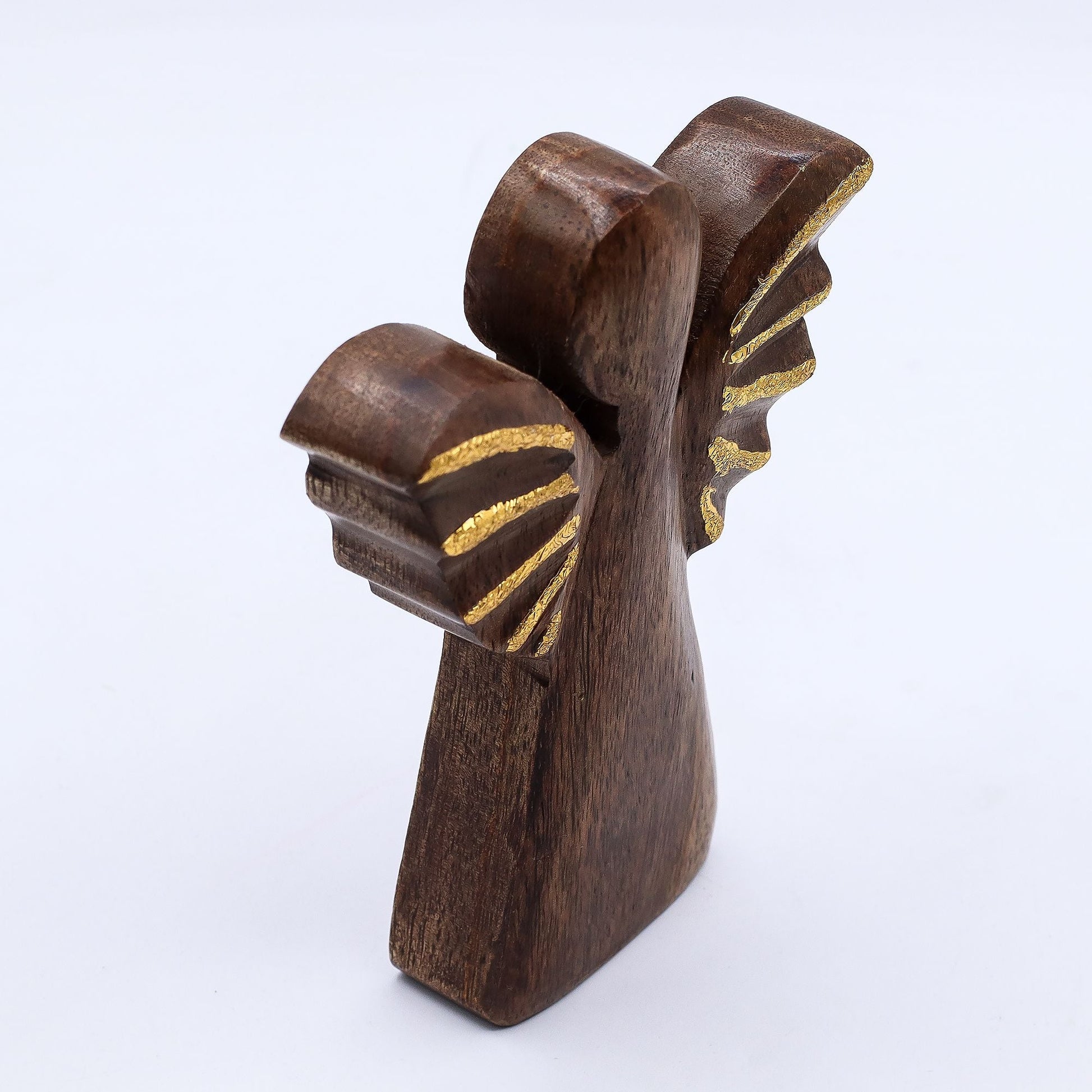 Alt Tag: Mango Wood Angel – Gold Wings 16CM hand-carved mango wood angel figurine with gold wings, 16cm tall
