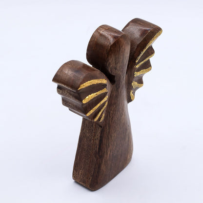 Alt Tag: Mango Wood Angel – Gold Wings 16CM hand-carved mango wood angel figurine with gold wings, 16cm tall