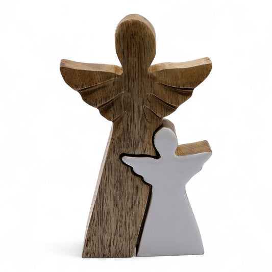 Engel aus Mangoholz – handgeschnitzte Engelsfigur aus Mangoholz mit weißer Emaille-Akzentuierung, weißer Emaille-Finish, 15 cm hoch, handgefertigt in Indien