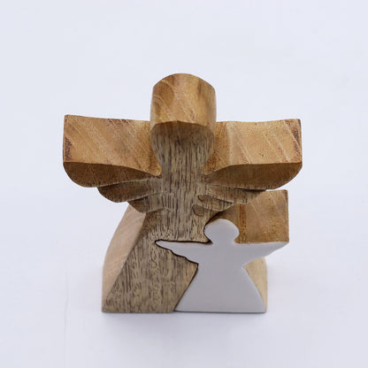 Ángel de madera de mango – acabado de esmalte blanco, figura de ángel de madera de mango tallada a mano con detalle de esmalte blanco, 15 cm de alto