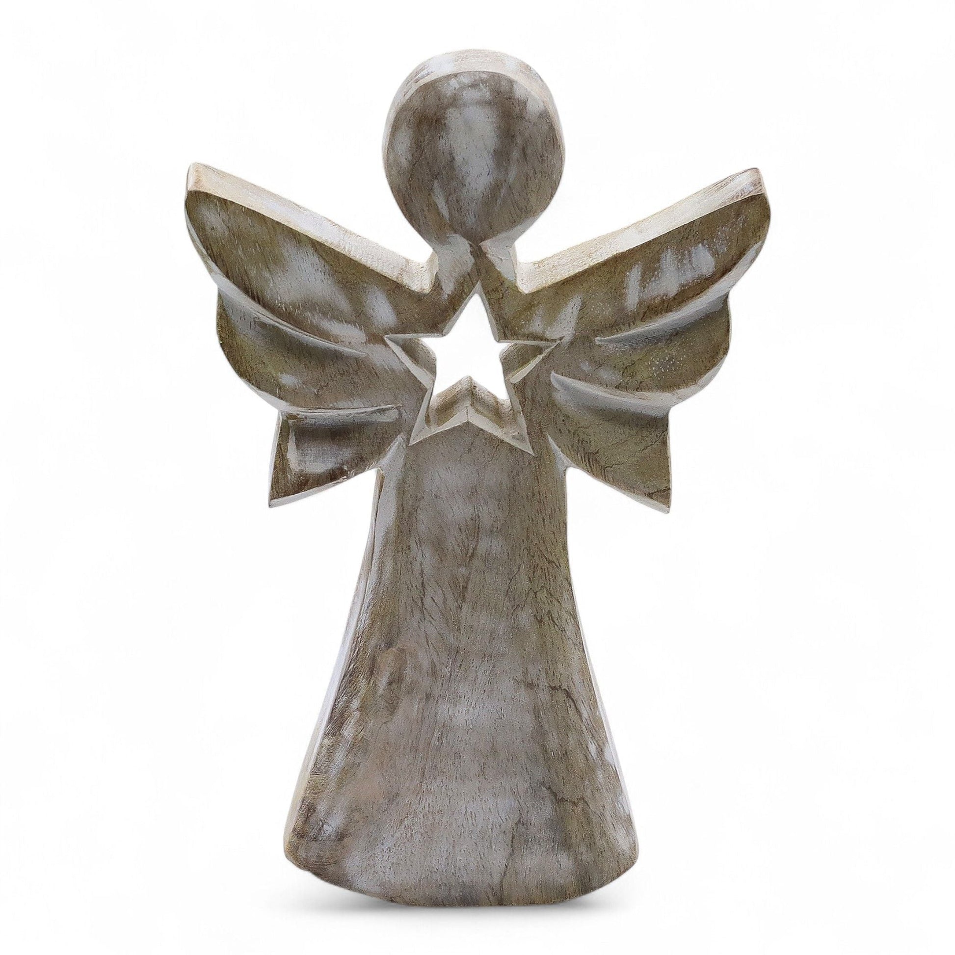 Alt Tag: Ángel de madera de mango – Figura de ángel de madera de mango tallada a mano de 18CM con acabado whitewash y recorte de estrella