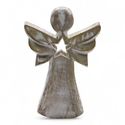 Alt Tag: Ángel de madera de mango – Figura de ángel de madera de mango tallada a mano de 18CM con acabado whitewash y recorte de estrella