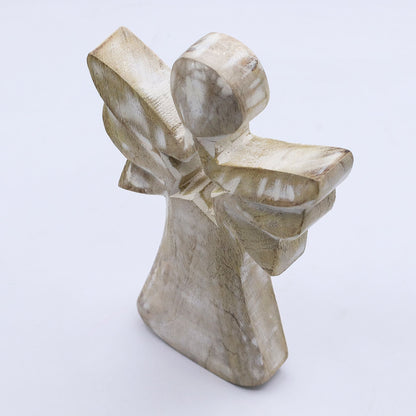 Alt Tag: Ángel de madera de mango – Blanco decapado, recorte de estrella. Adorno de ángel de madera de mango tallado a mano de 18CM, con acabado en blanco decapado y recorte de estrella.