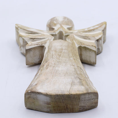 Alt Tag: Ángel de madera de mango – Adorno de ángel de madera tallado a mano de 18CM con acabado whitewash y recorte de estrella, 18cm