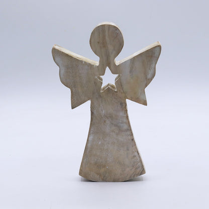 Alt Tag: Ángel de madera de mango – ornamento de ángel de madera tallado a mano de 18CM con calado de estrella, acabado whitewash, 18cm