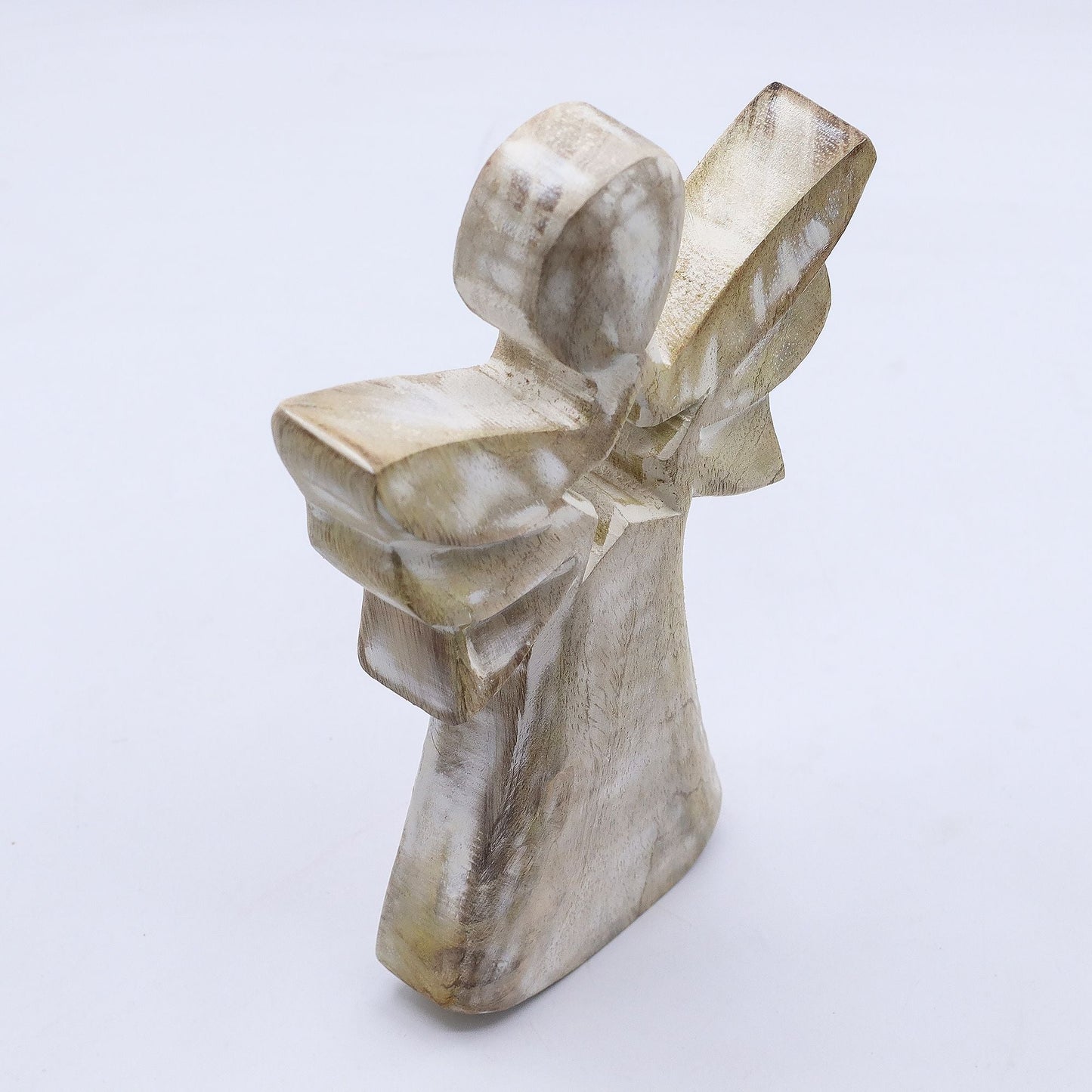 Alt Tag: Ángel de madera de mango – figura de ángel de madera de mango tallada a mano de 18CM con acabado whitewash y recorte de estrella, 18cm