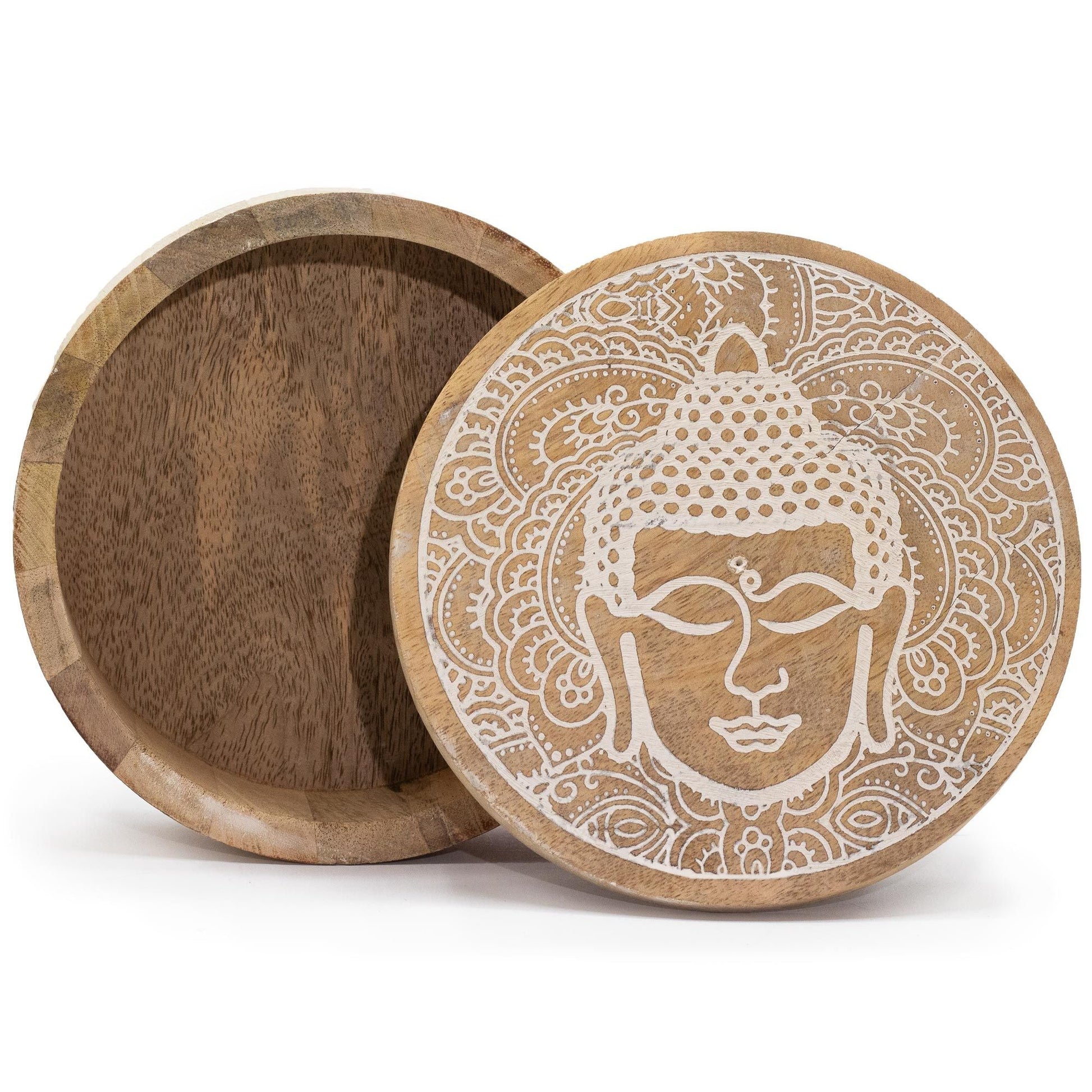 Mangoträask – Buddha Face, rund snidad minnesask i mangoträ, 17.5x7.5 CM, med lock med Buddha-ansikte, naturlig träfinish