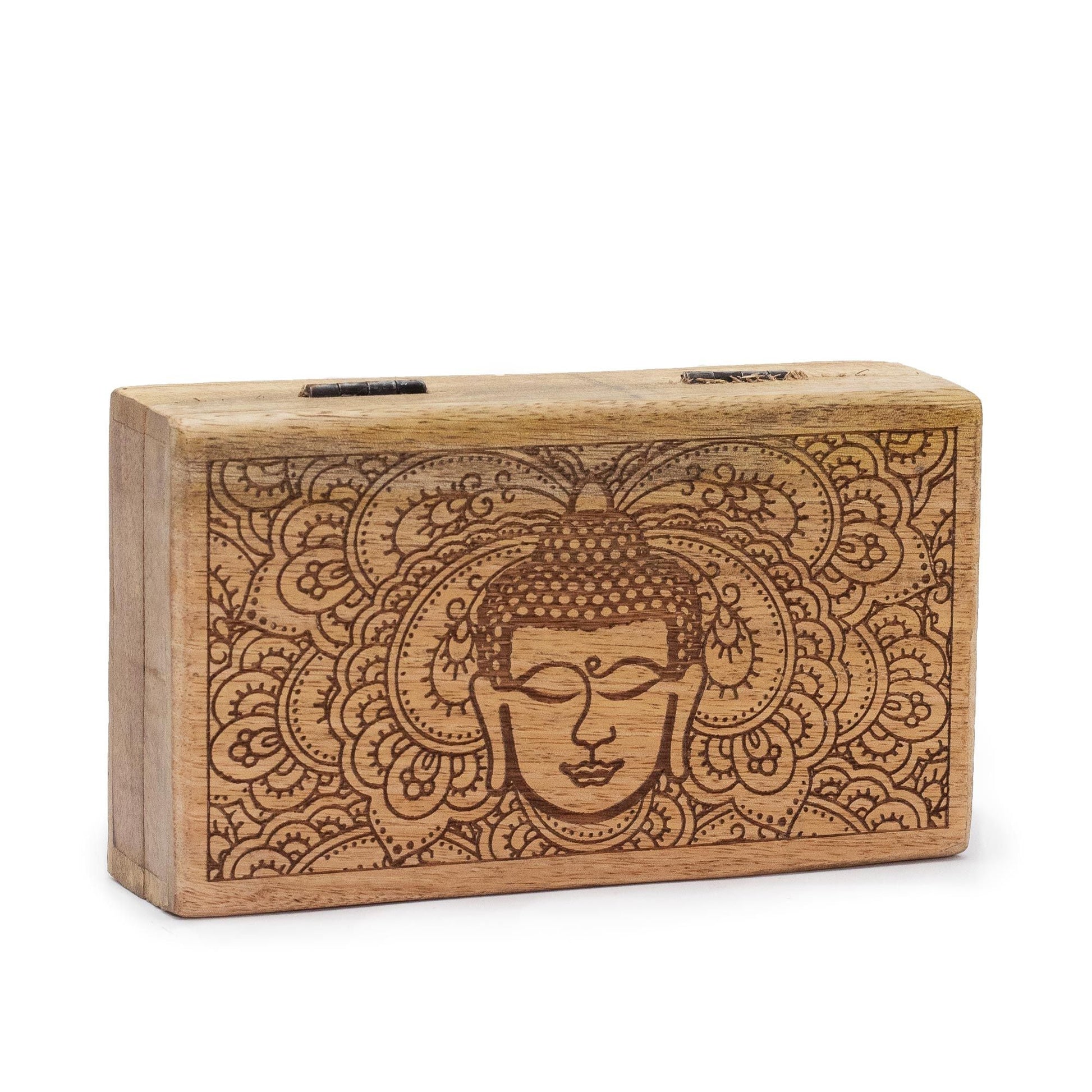 Alt Tag: Mango Wood Box – Buddha Face Matte 17x10x4.2 CM rectangular mango wood storage box with engraved Buddha face and floral pattern