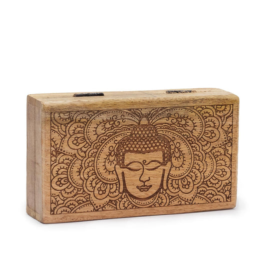 Alt Tag: Mango Wood Box – Buddha Face Matte 17x10x4.2 CM rectangular mango wood storage box with engraved Buddha face and floral pattern