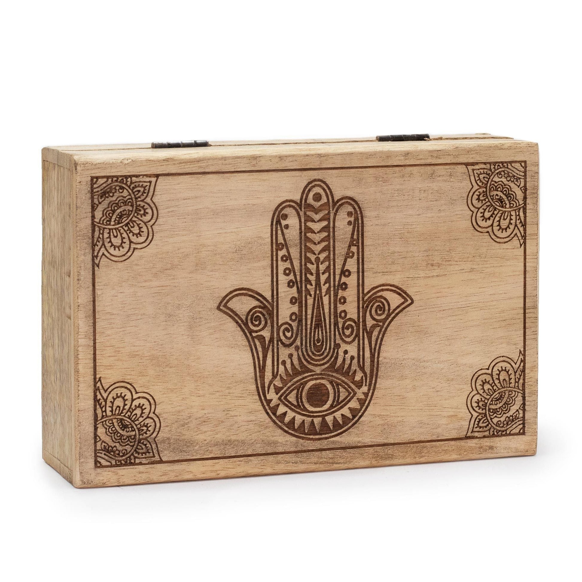 Alt Tag: Mangoträbox – Hamsa Black Engraved 21.5x14x6.3 CM, handgjord förvaringslåda i trä med ingraverad Hamsa-design