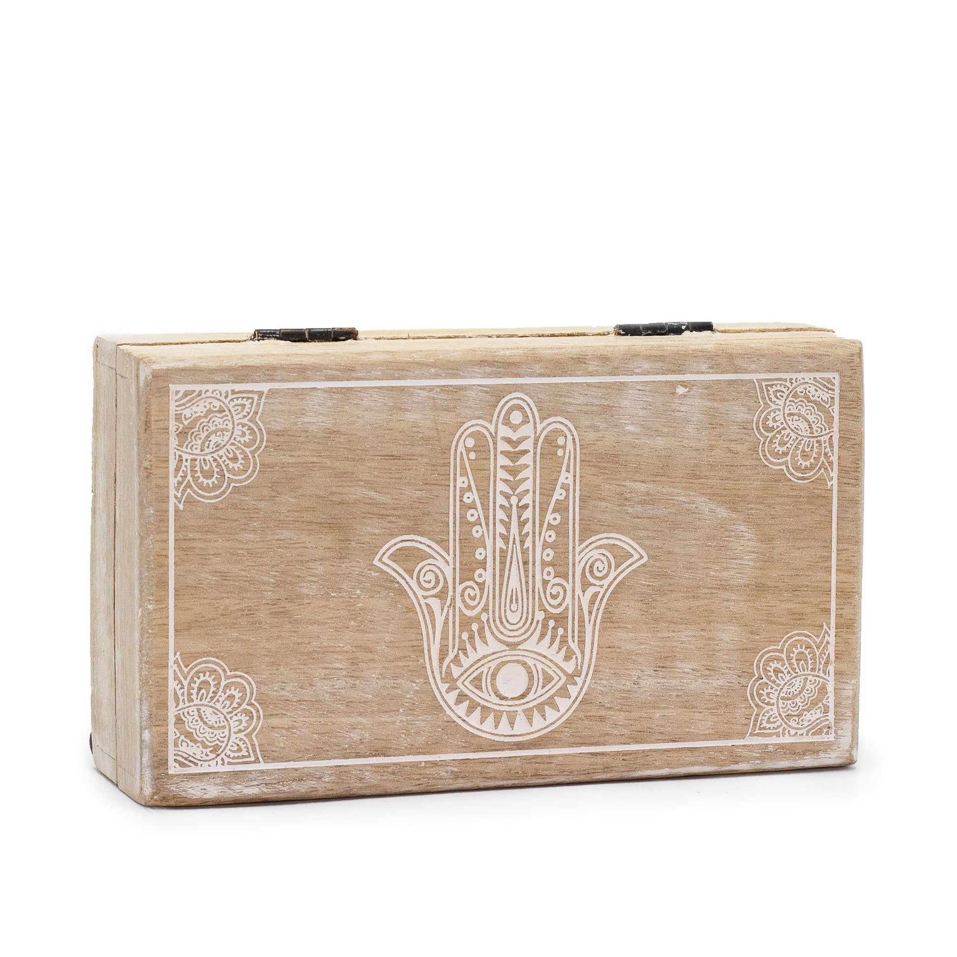 Alt Tag: Mango Wood Box – Hamsa Design 17x10x4.2 CM, caja de madera de mango con diseño Hamsa blanco, tapa abatible
