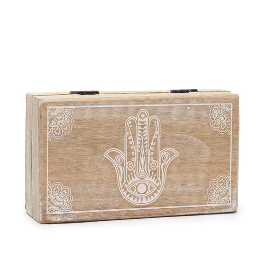 Alt Tag: Mango Wood Box – Hamsa Design 17x10x4.2 CM, caja de madera de mango con diseño Hamsa blanco, tapa abatible