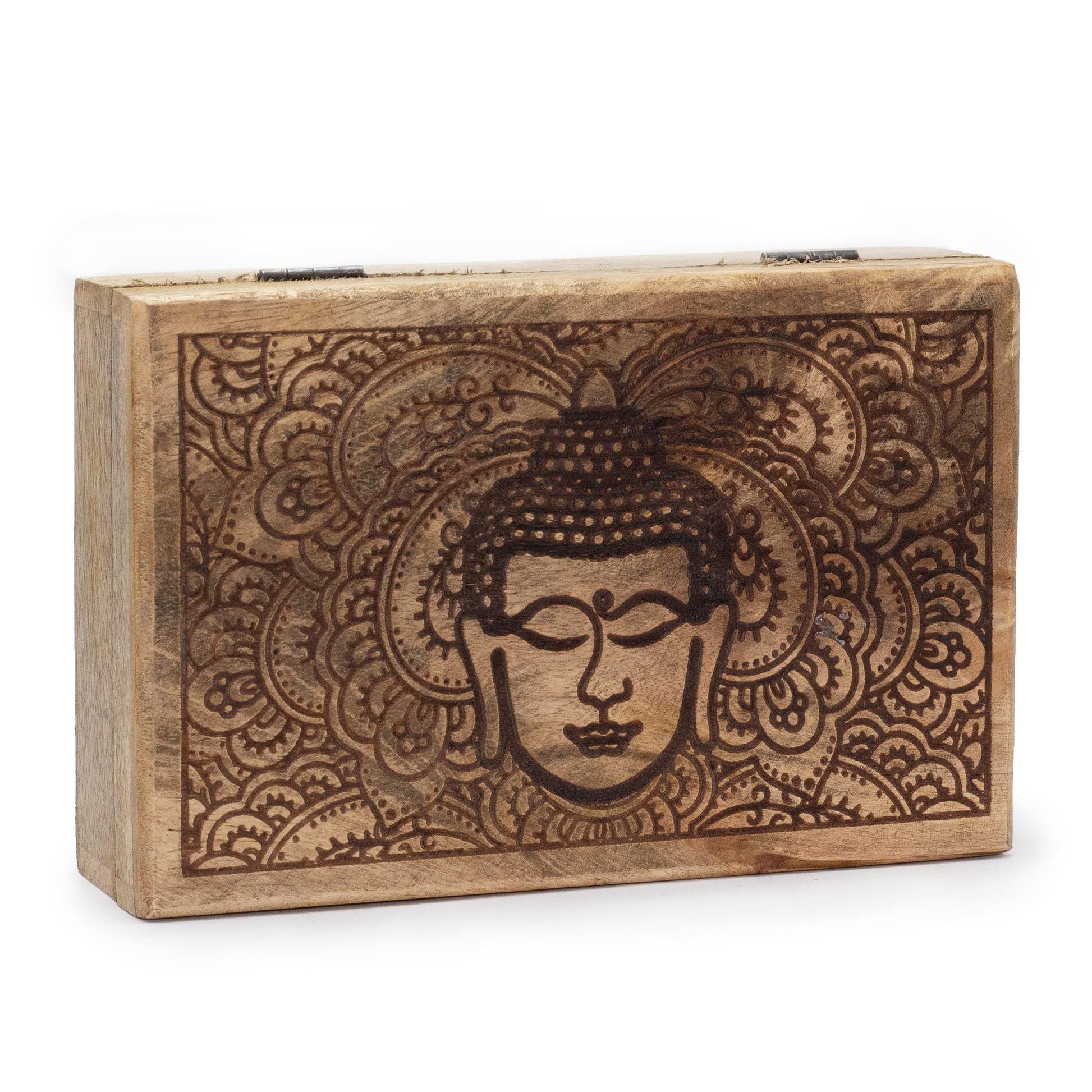 Mango Wood Buddha Box – 21.5x14x6.3 CM handmade mango wood storage box with engraved Buddha design and ornate pattern