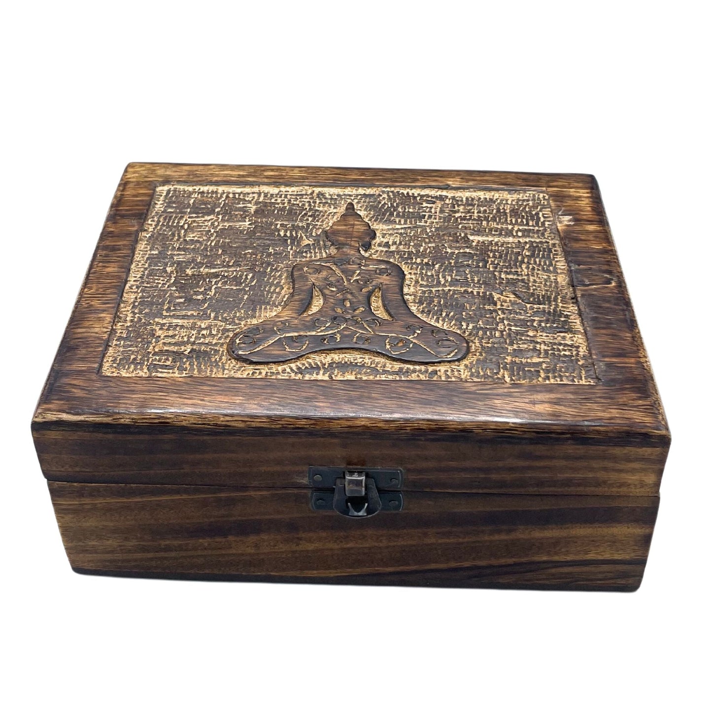 Alt-Tag: Mango-Holz Buddha Erinnerungsbox – 20x15x7.5 CM handgeschnitzte Box aus Mangoholz mit Buddha-Design und Metallverschluss