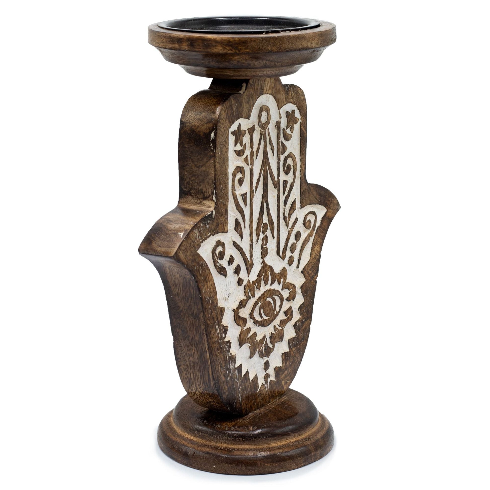 Alt Tag: Mango Wood Candle Stand – Hamsa Design (Large, 25 × 18 CM) tall carved mango wood candle holder with Hamsa hand motif
