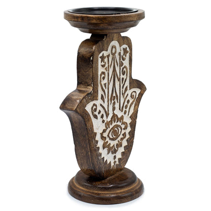 Alt Tag: Mango Wood Candle Stand – Hamsa Design (Large, 25 × 18 CM) tall carved mango wood candle holder with Hamsa hand motif