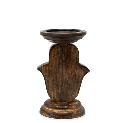 Mango Wood Candle Stand – Hamsa Design (Small, 18 × 11 CM), hand-carved mango wood hamsa candle holder, dark wood finish