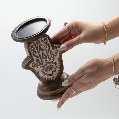 Mango Wood Candle Stand – Hamsa Design (Small, 18 × 11 CM) hand-carved mango wood hamsa candle holder stand