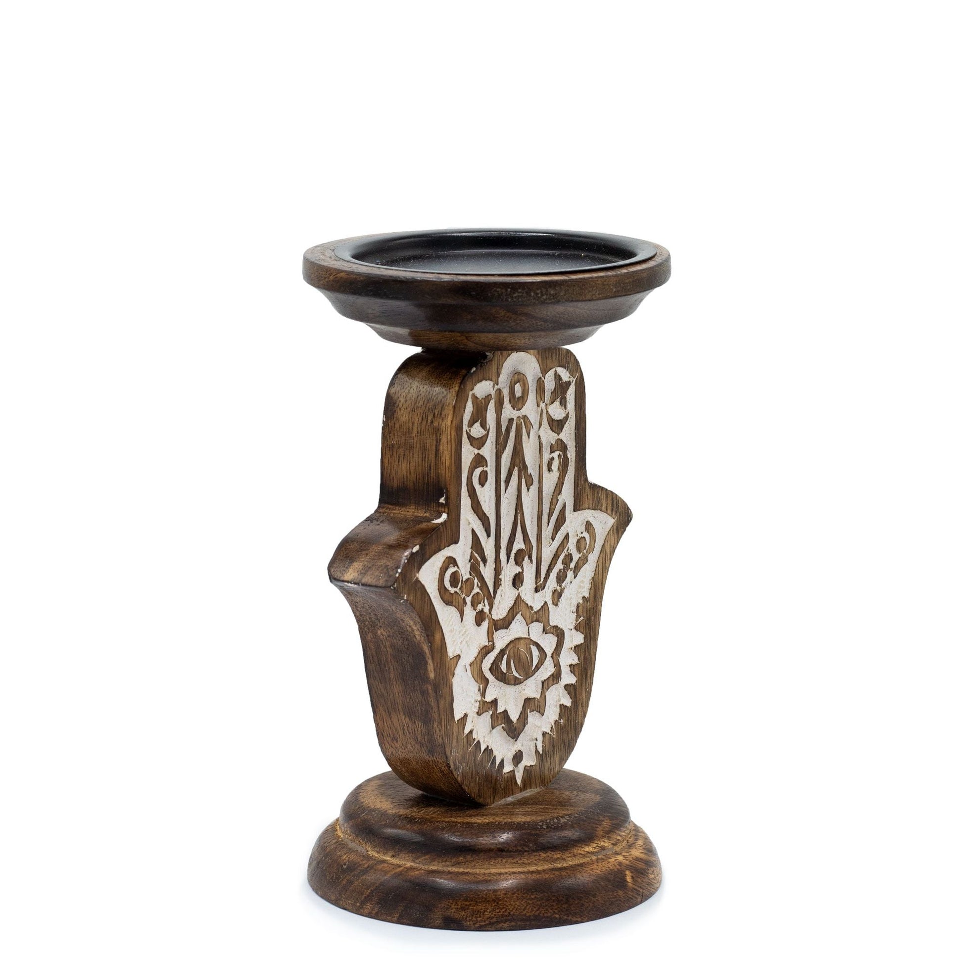 Alt Tag: Mango Wood Candle Stand – Hamsa Design (Small, 18 × 11 CM) hand-carved mango wood candle holder with Hamsa motif