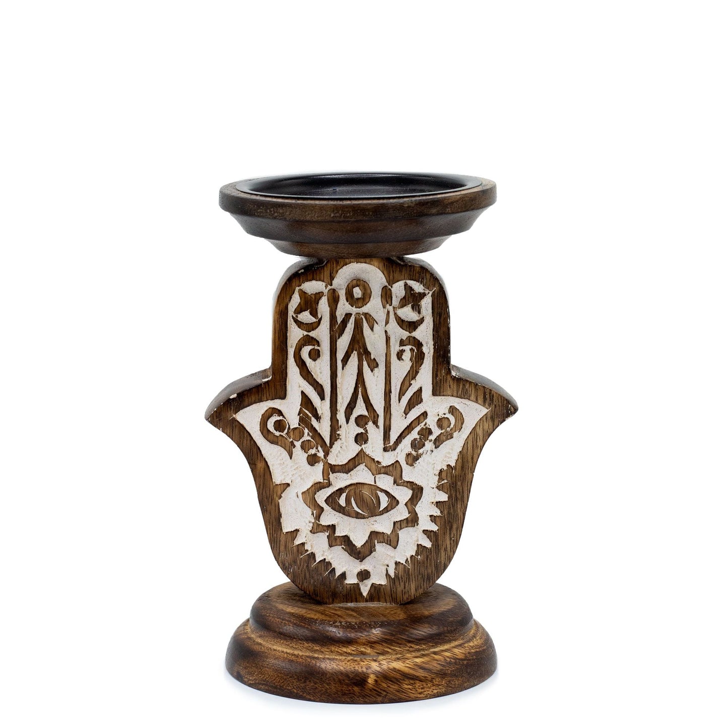 Mango Wood Candle Stand – Hamsa Design (Small, 18 × 11 CM), soporte para vela de madera de mango tallada con motivo Hamsa