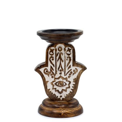 Mango Wood Candle Stand – Hamsa Design (Small, 18 × 11 CM), soporte para vela de madera de mango tallada con motivo Hamsa