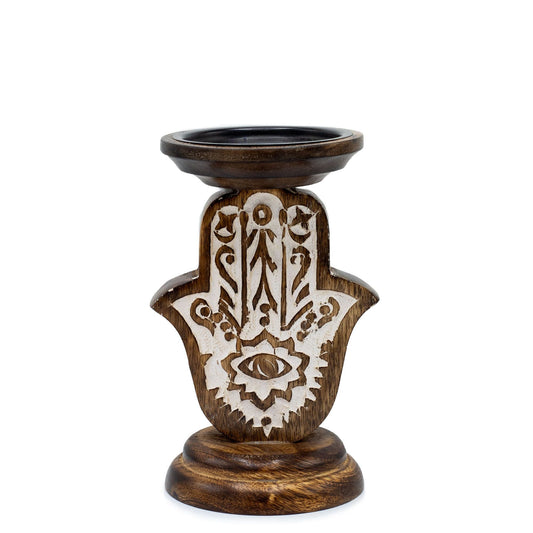 Mango Wood Candle Stand – Hamsa Design (Small, 18 × 11 CM), soporte para vela de madera de mango tallada con motivo Hamsa