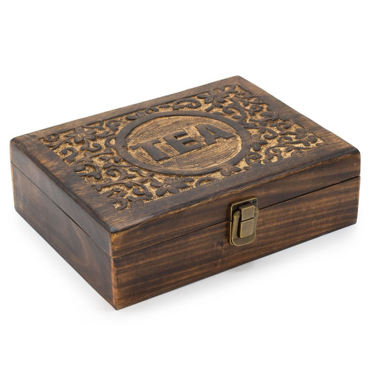Alt Tag: Mango Carved Tea Box (12 Compartments) – 30 × 23 × 10 CM, caja de té de madera de mango tallada a mano con cierre metálico