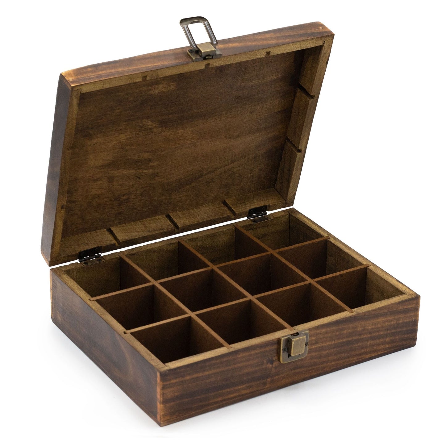 Alt Tag: Snidad tebox i mangoträ (12 fack) – teförvaringsbox i öppet mangoträ, 30 × 23 × 10 CM, med 12 fack