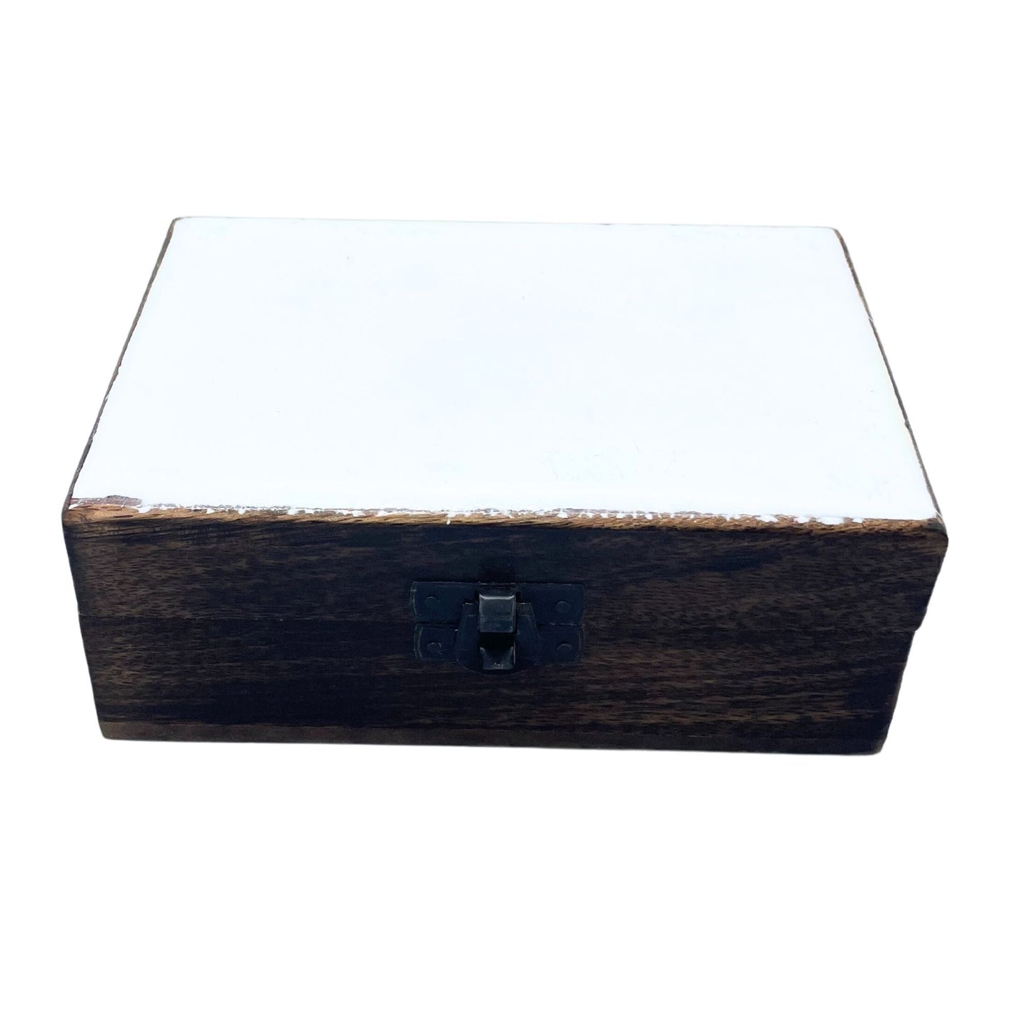 Alt Tag: Mangoträlåda med keramik – Vit 15x10x6 CM, vit keramiskglaserat lock med mörk mangoträbas och frontlås