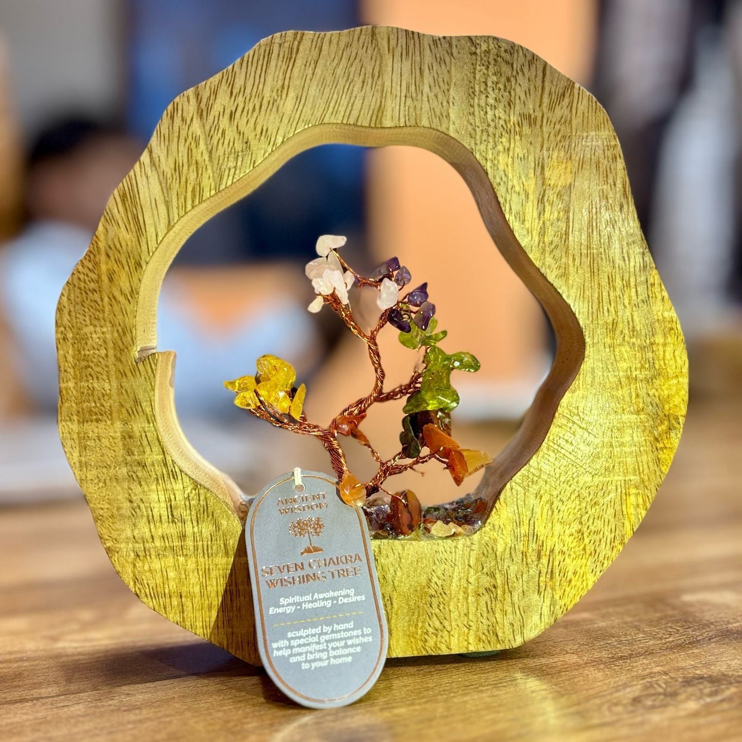 Alt Tag: Mango Wood Chakra Gemstone Tree – 60 Chipstones with copper wire gemstone chips on solid mango wood base, tabletop decor