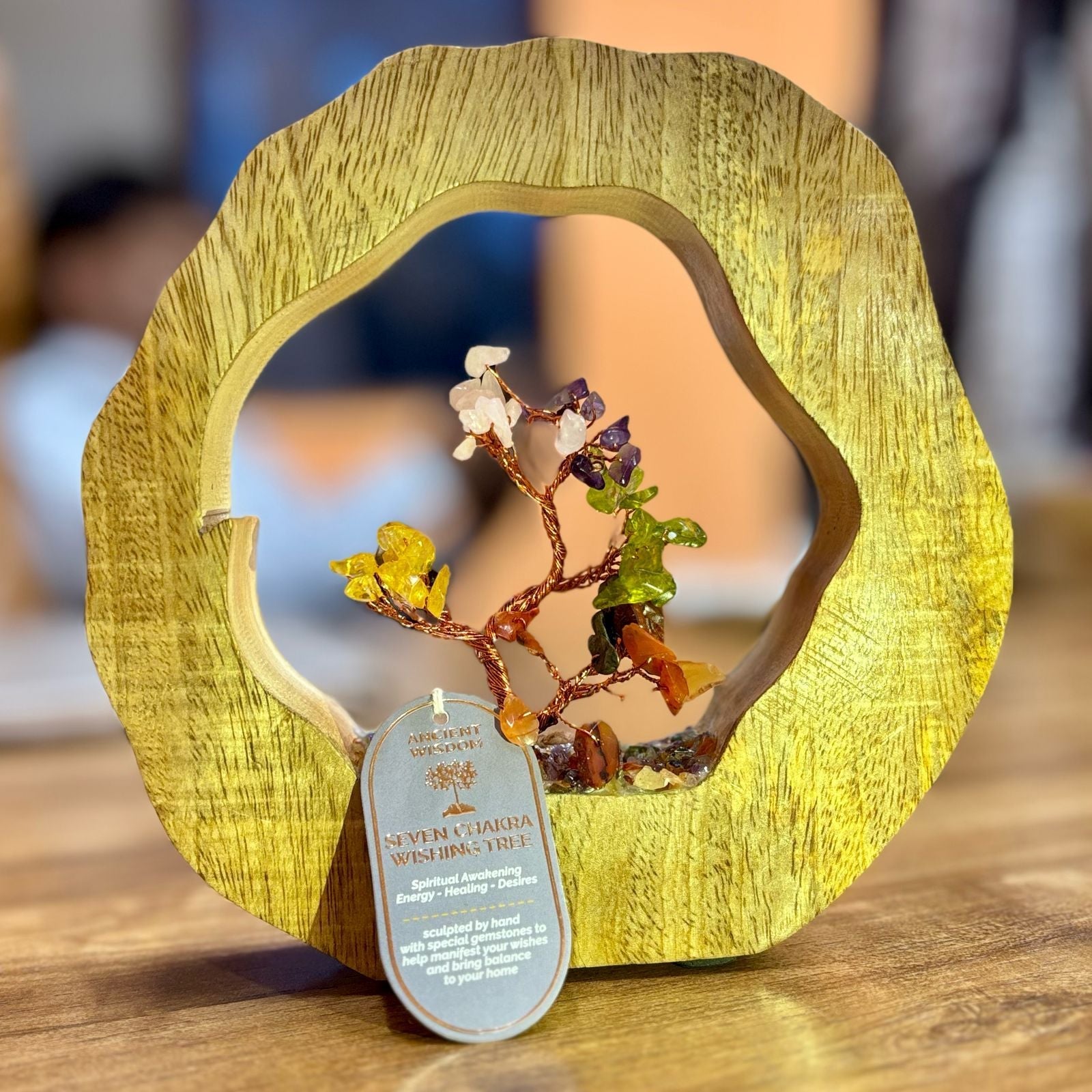 Alt Tag: Mango Wood Chakra Gemstone Tree – 60 Chipstones with copper wire gemstone chips on solid mango wood base, tabletop decor
