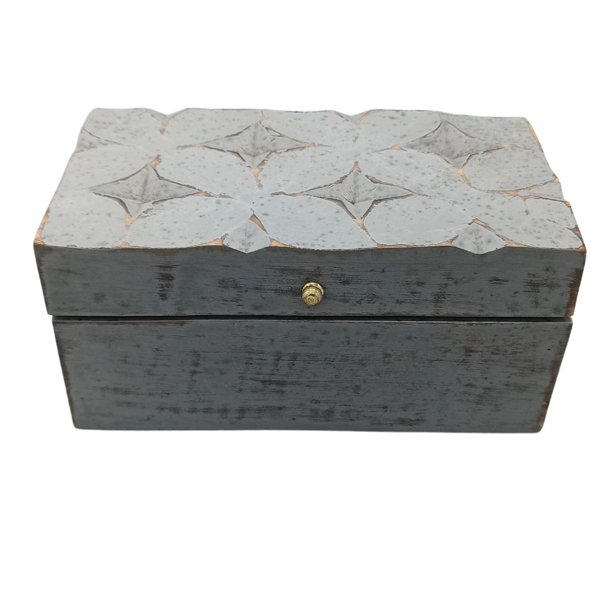 Alt Tag: Mango Wood Deco Box – 22x12x10 CM Grey Star grey mango wood vintage decorative storage box with star-pattern lid