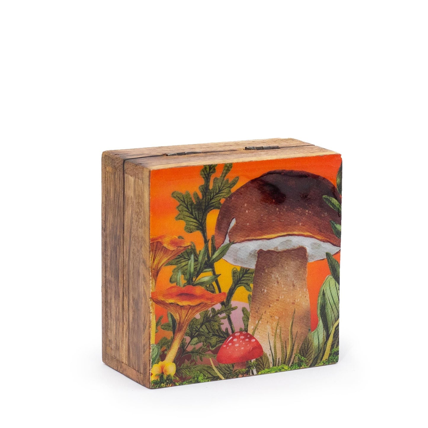 Emaljerad ask i mangoträ – 10x10CM, Mushroom Maroon, kvadratisk ask i mangoträ med emaljerad svampillustration, 10x10 cm