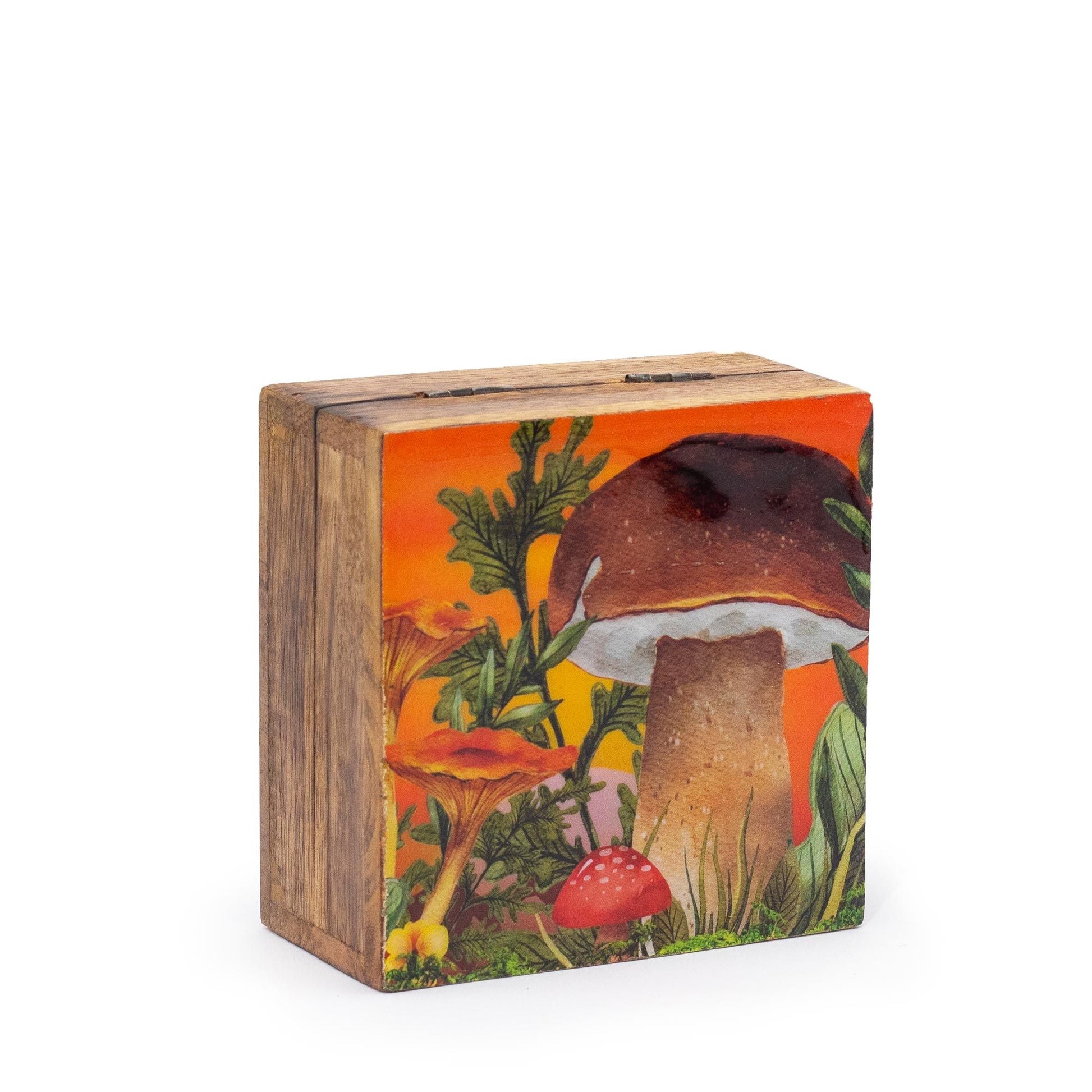 Emaljerad ask i mangoträ – 10x10CM, Mushroom Maroon, kvadratisk ask i mangoträ med emaljerad svampillustration, 10x10 cm