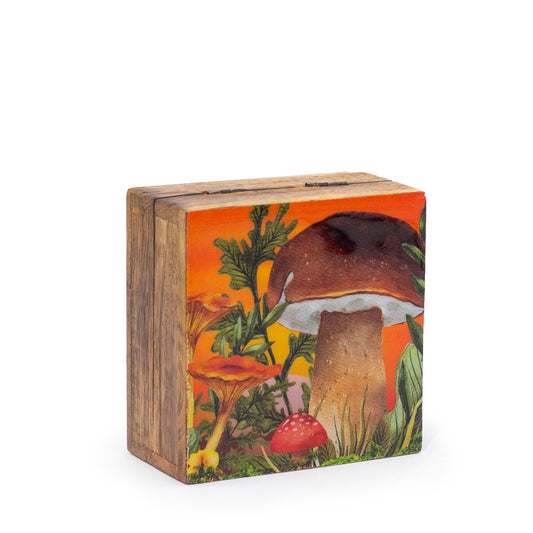 Emaljerad ask i mangoträ – 10x10CM, Mushroom Maroon, kvadratisk ask i mangoträ med emaljerad svampillustration, 10x10 cm
