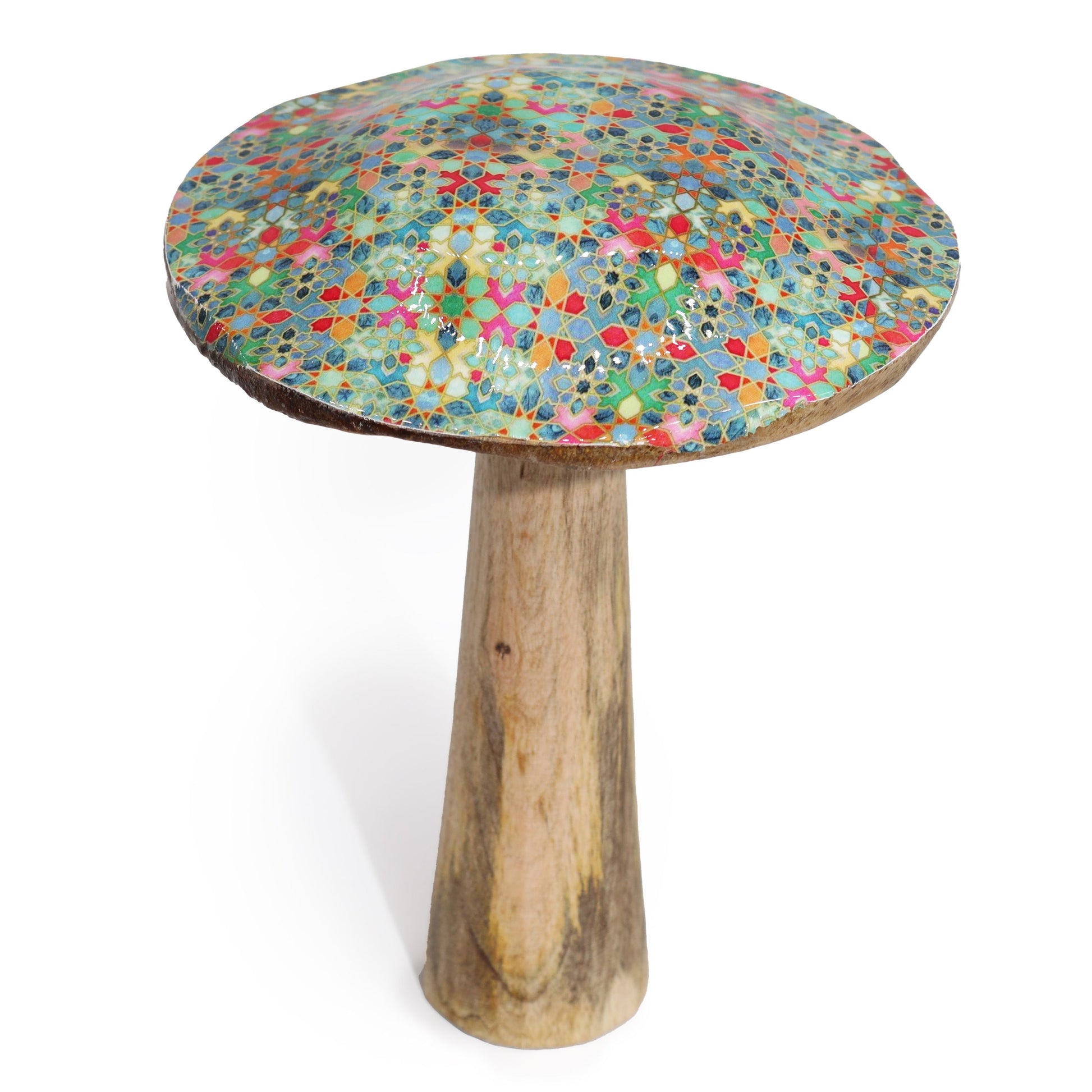 Alt Tag: Mango Wood Enamelled Mushroom – 20CM Mediterranean Tile wooden ornament with colorful Mediterranean tile pattern cap