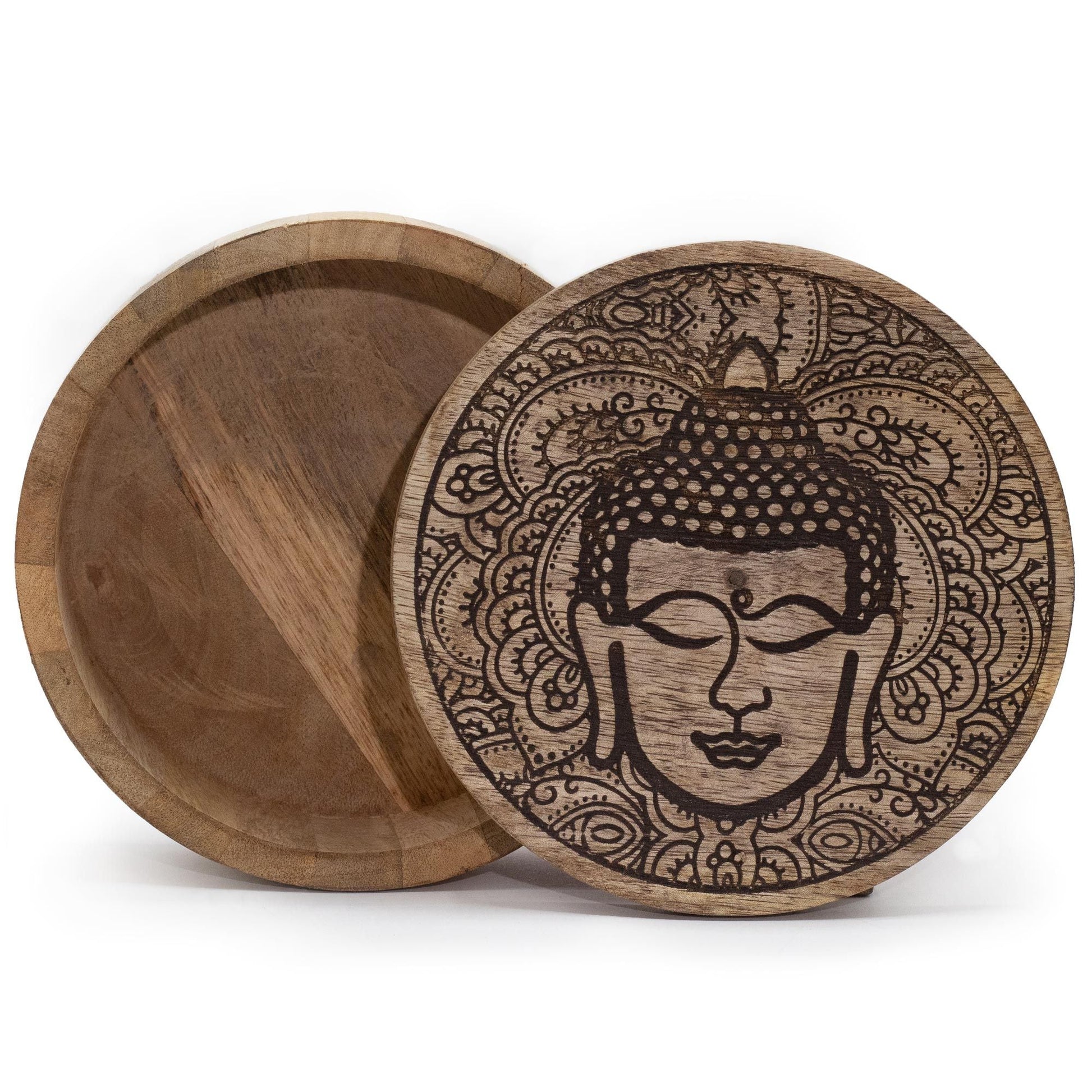 Alt Tag: Mango Wood Buddha Box – 17.5x7.5 CM, caja redonda de madera de mango con tapa grabada diseño Buddha