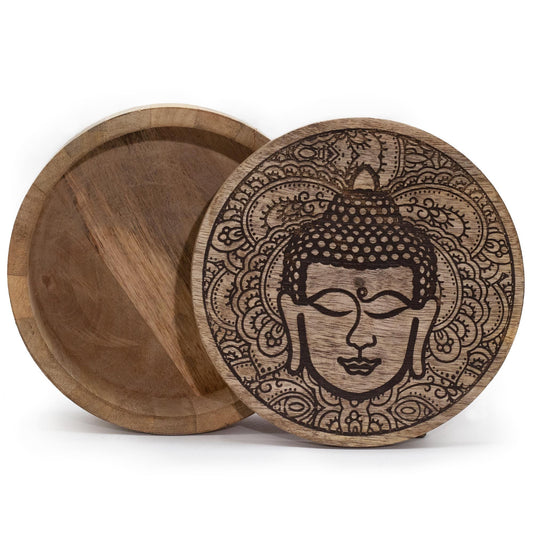 Alt Tag: Mango Wood Buddha Box – 17.5x7.5 CM, caja redonda de madera de mango con tapa grabada diseño Buddha