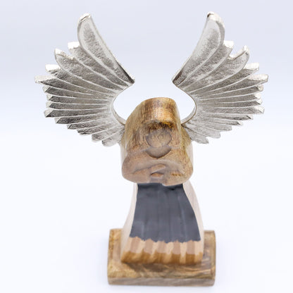 Etiqueta Alt: Ángel de la Guarda de madera de mango – Estatua de 40 CM con alas de esmalte plateado, figura de ángel de madera de mango hecha a mano para decoración del hogar