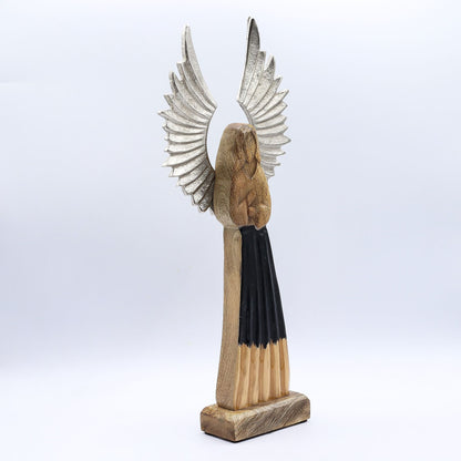 Alt Tag: Ángel guardián de madera de mango – estatua de 40 CM, figura de ángel hecha a mano con alas plateadas y túnica de esmalte negro, decoración para el hogar
