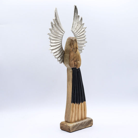 Alt Tag: Mango Wood Guardian Angel – 40 CM Statue handcrafted angel figure with silver wings and black enamel robe, home decor
