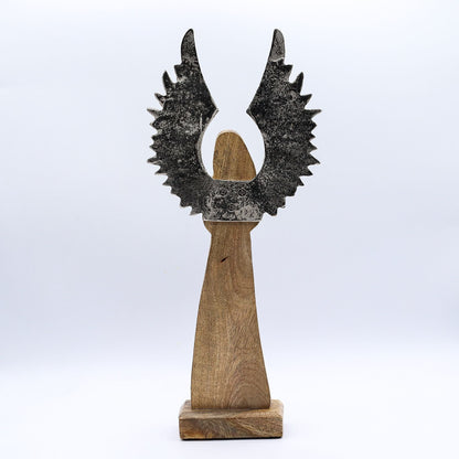 Ángel Guardián de madera de mango – estatua de 40 CM decoración de ángel de madera de mango hecha a mano con alas de esmalte, vista frontal