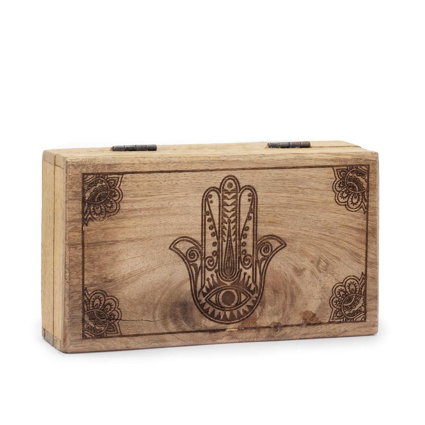 Alt Tag: Mango Wood Hamsa Box – 17x10x4.2 CM handcrafted wooden storage box with engraved Hamsa hand design on lid
