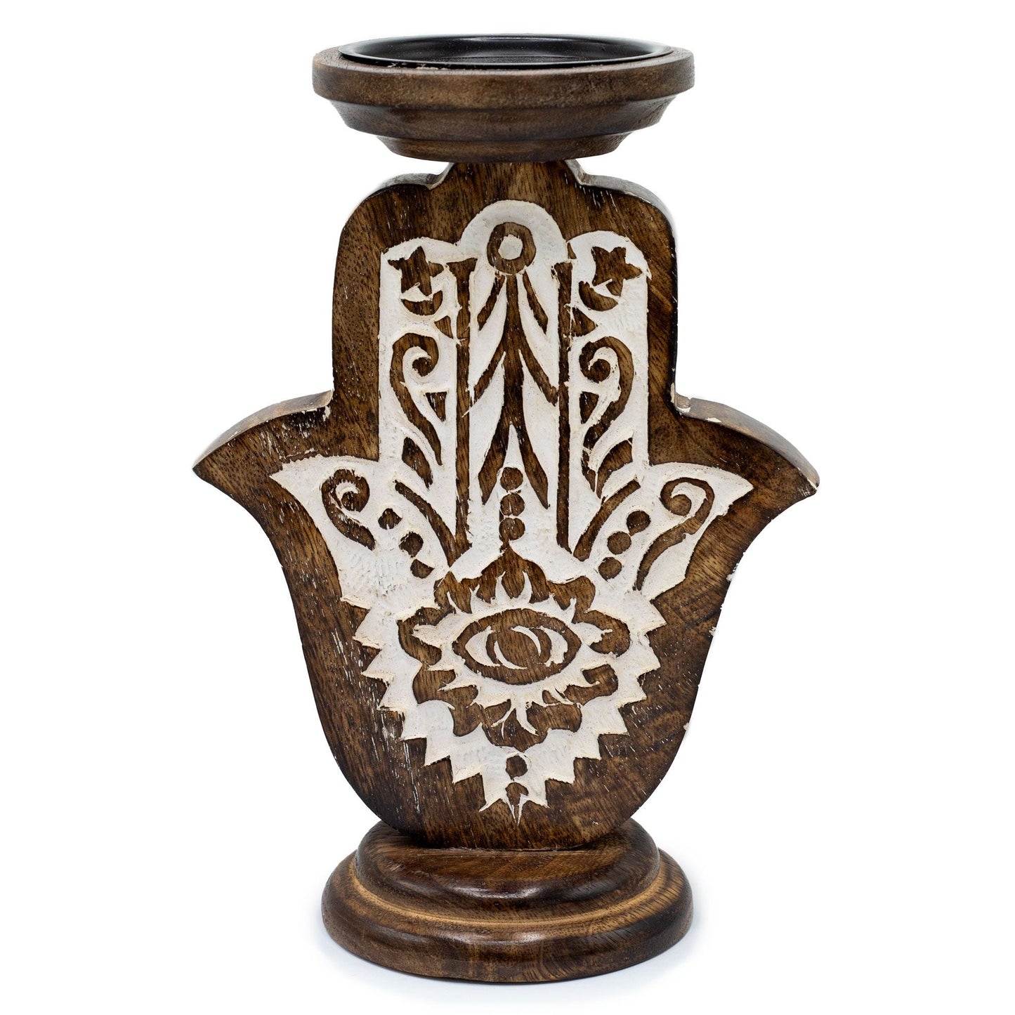 Alt Tag: Mango Wood Candle Stand – Hamsa Design (Large, 25 × 18 CM), carved mango wood Hamsa hand candle holder with eye motif, large