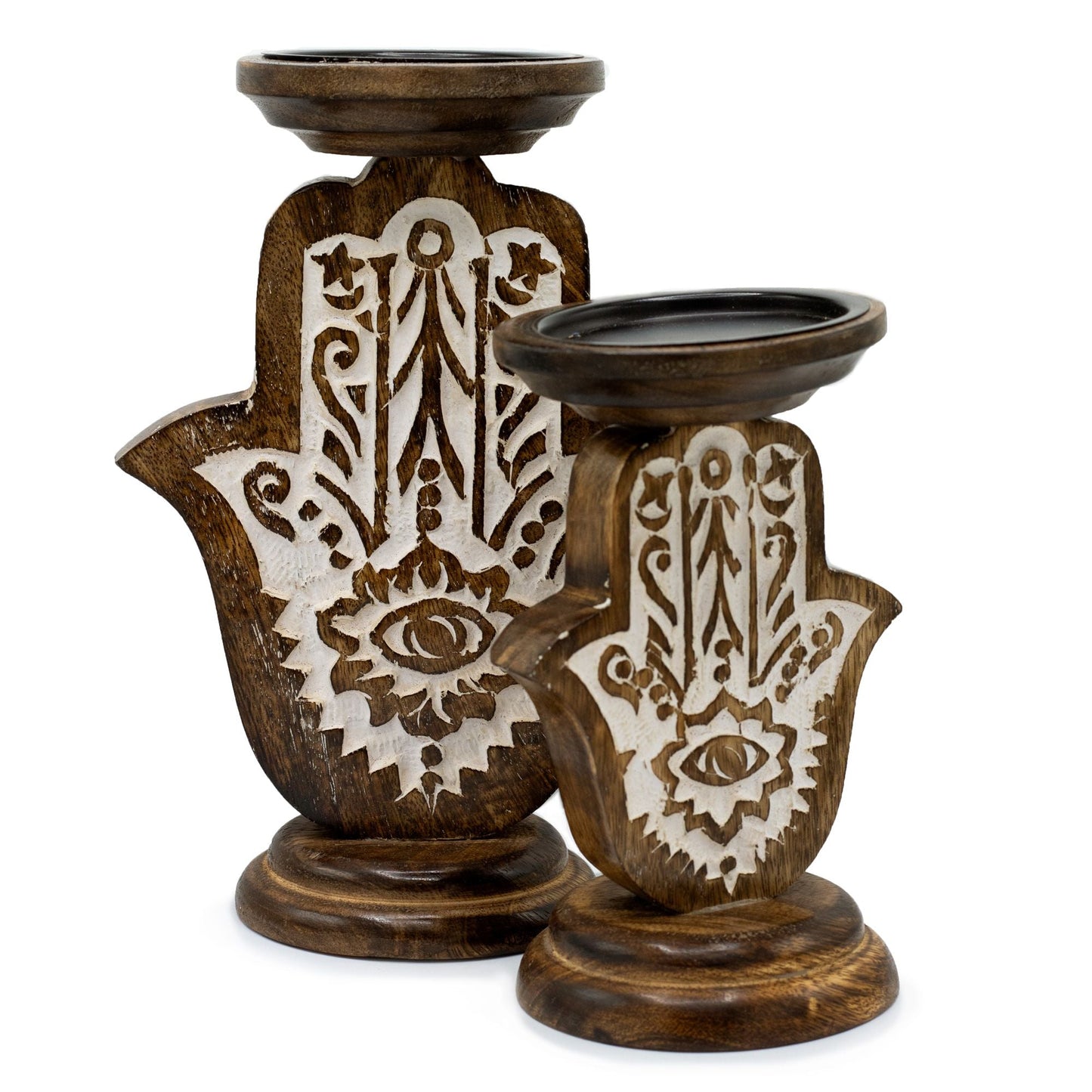 Mango Wood Candle Stand – Hamsa Design (Small, 18 × 11 CM), hand-carved mango wood Hamsa hand candle holder with rustic finish