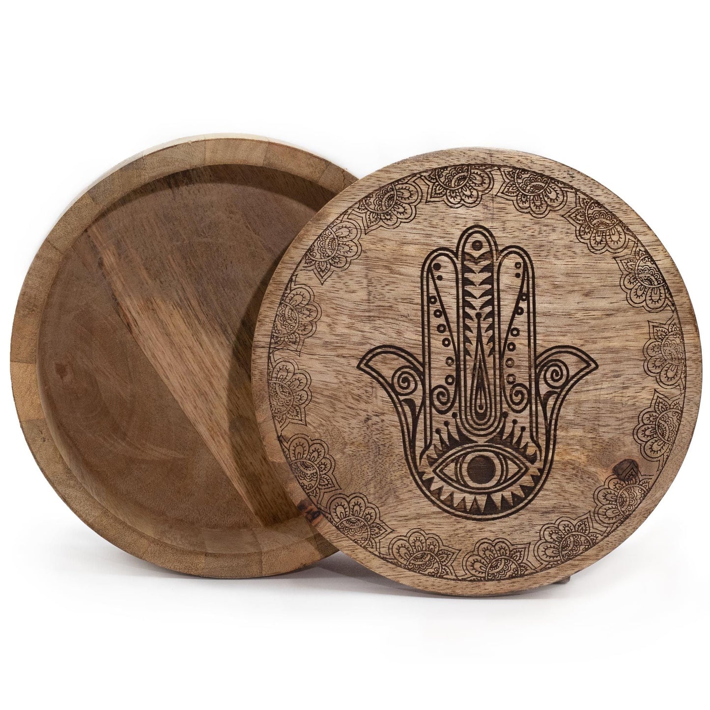 Alt-tagg: Rund Hamsa-box i mangoträ – 17.5x7.5 CM, rund box i mangoträ med lock med graverad Hamsa