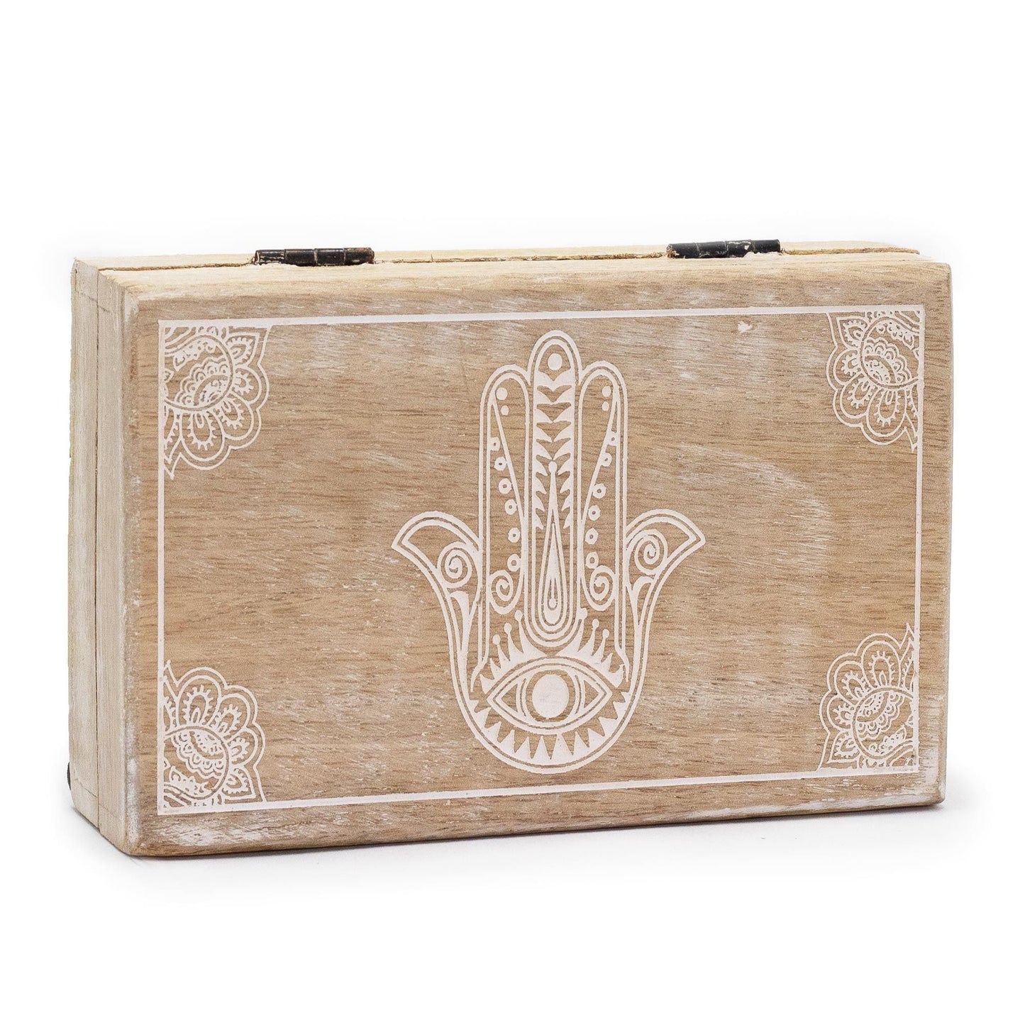 Hamsa-låda i mangoträ – 21.5x14x6.3 CM trälåda med ingraverad Hamsa-symbol och dekorativa detaljer, framifrån