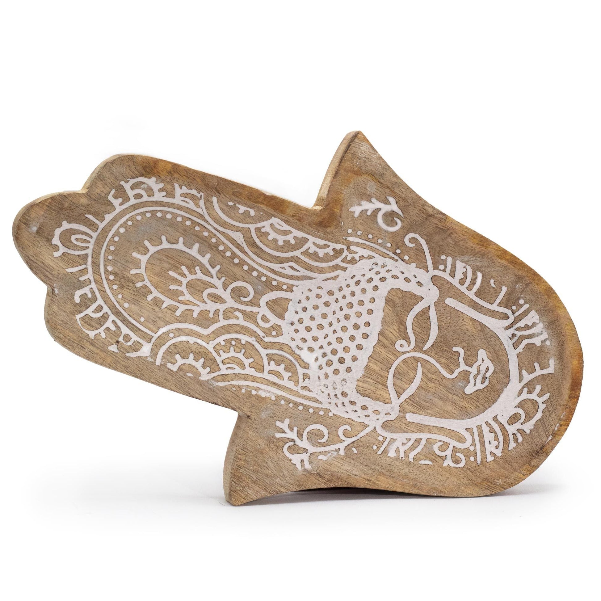 Mango Wood Hamsa Tray – 30x20.5x2.5 CM handcrafted wooden Hamsa-shaped tray with Buddha design, decorative display tray