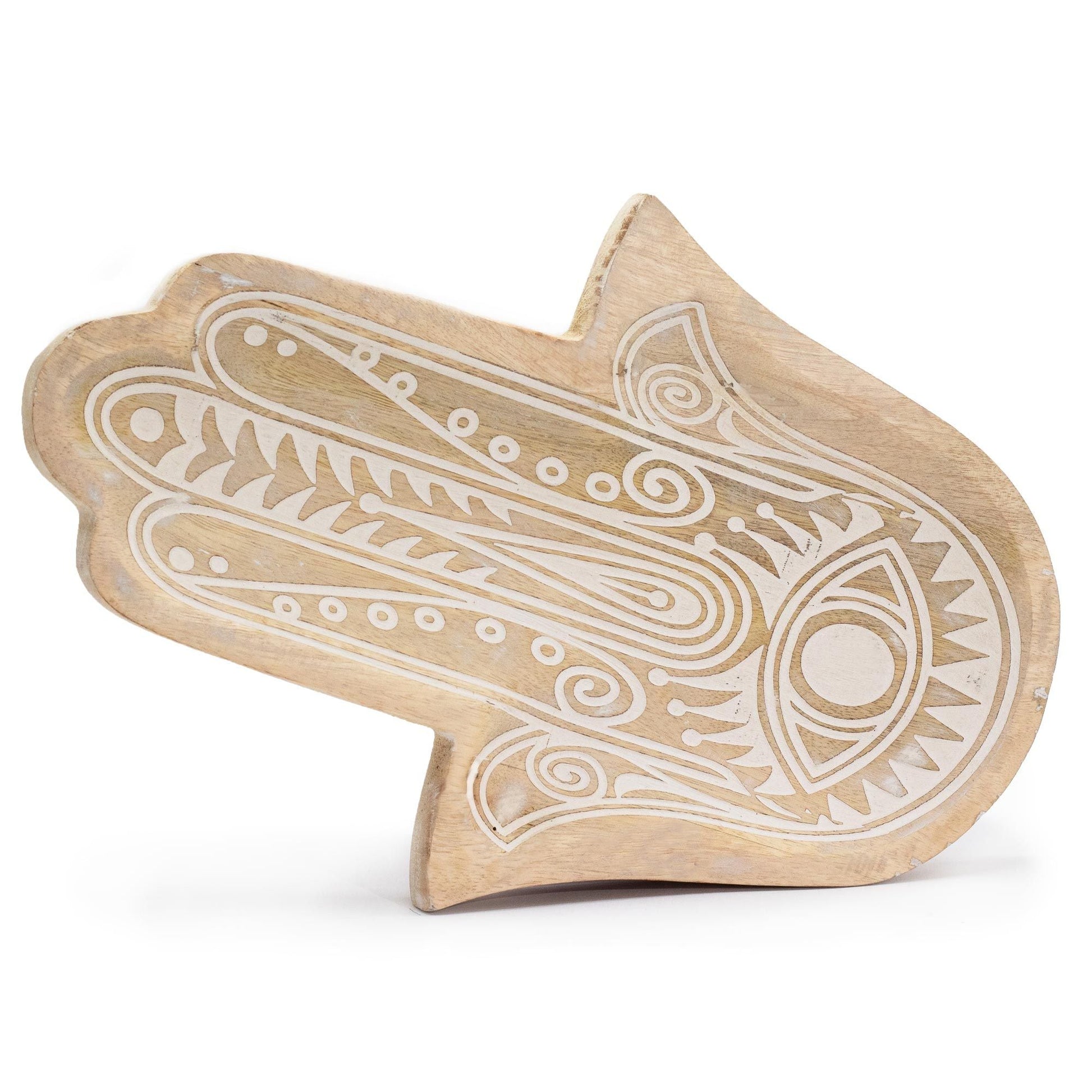 Mango-Holz-Hamsa-Tablett – 30x20.5x2.5 CM weißes Mango-Holz-Tablett mit eingraviertem Hamsa-Design, Vorderansicht